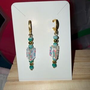 Elegant Gold tone and Teal Lampwork Glass Beaded Earrings